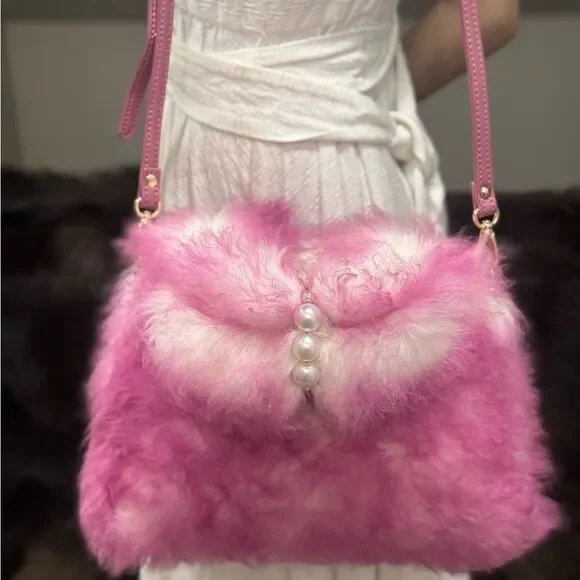 2 Tone Real Lamb Fur Handmade Top Handle, Fold Over Flap Handbag, Crossbody bag - Picture 11 of 16